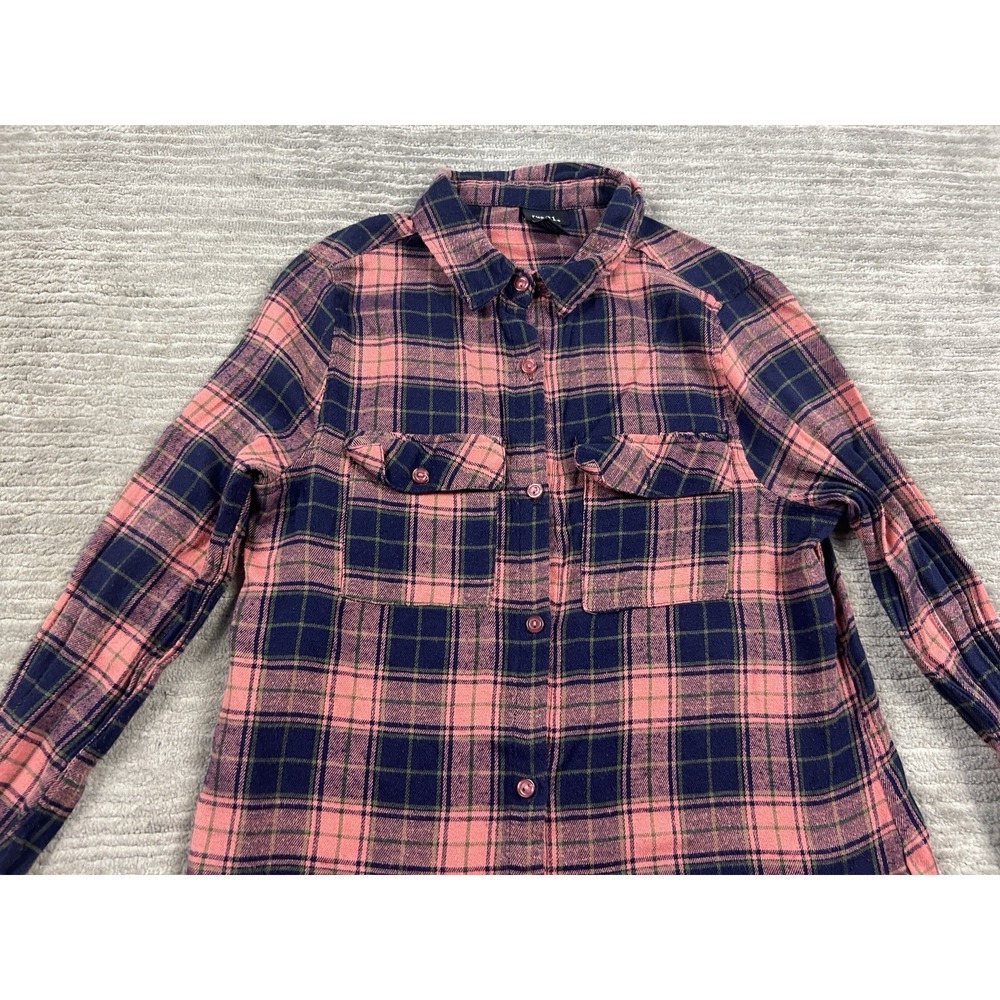 Rue 21 Flannel Top Womens Medium Pink Blue Plaid Longsleeve Western Button Up - Picture 2 of 12